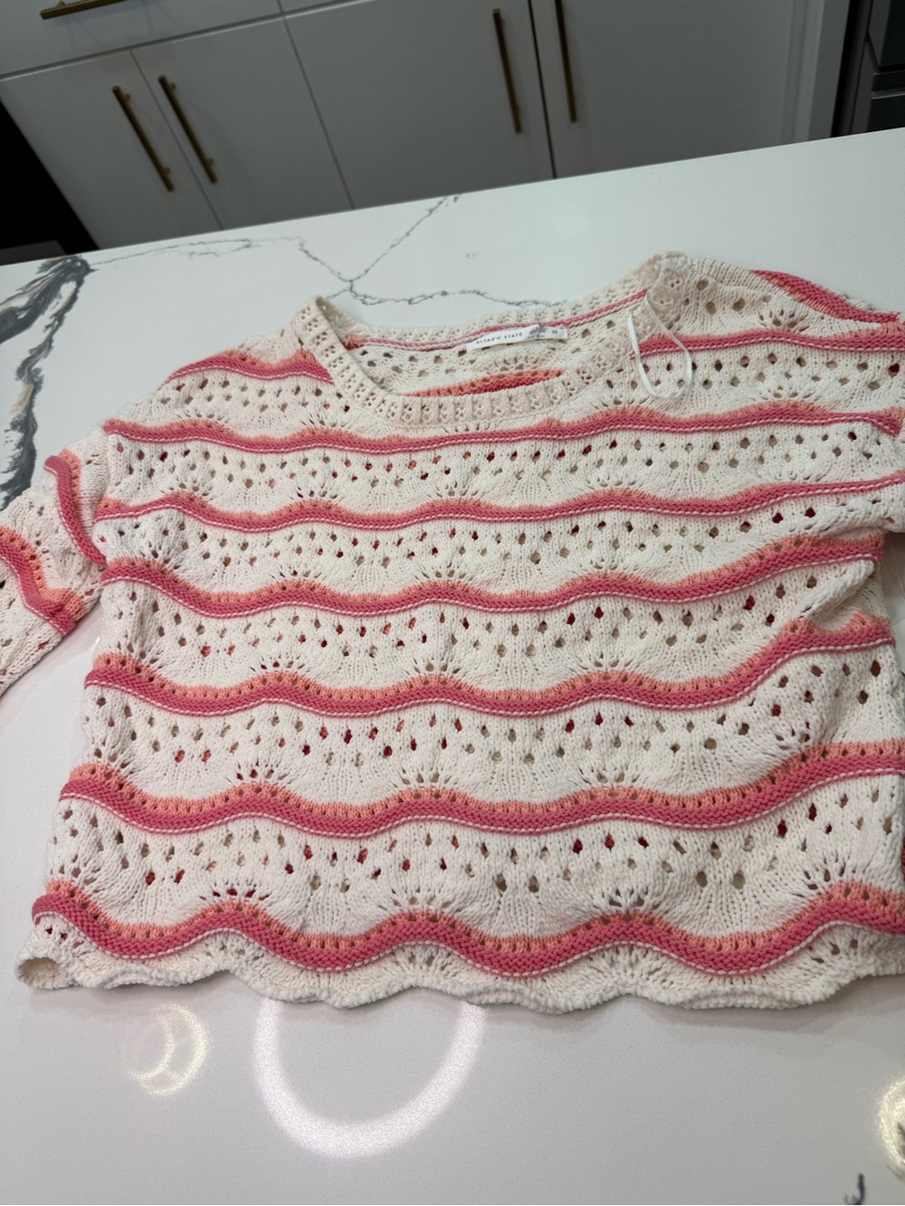 NWT Altar'd State Ivory Coral Wave Pointelle Crochet Knit Bell Sleeve Sweater M